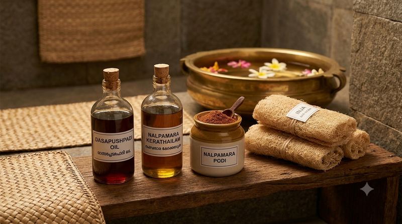 Dasapushpadi oil and Nalpamara Kerathailam for baby and maternity care