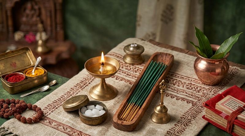 Brass diya, camphor and agarbathi pooja essentials